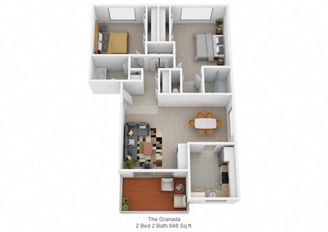 Floor plan for 2 beds, 2 baths, 948 sqft